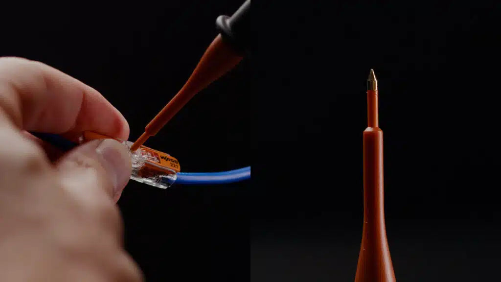 Electrician using Kewtech ACCSTP probe tip to test Wago connector