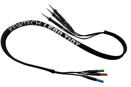 Kewtech Lead Tidy holding multifunction tester test leads and probes tangle-free