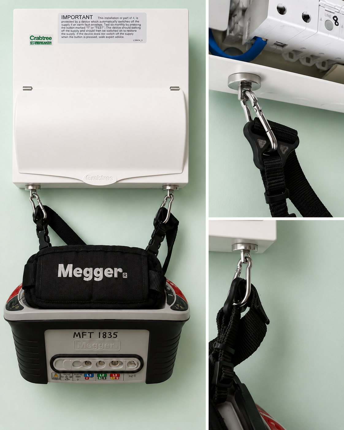 Tip-Clip Magnetic Tester Hanging Kit supporting a multifunction tester on a consumer unit with FREE Tip-Clip probe holder included.