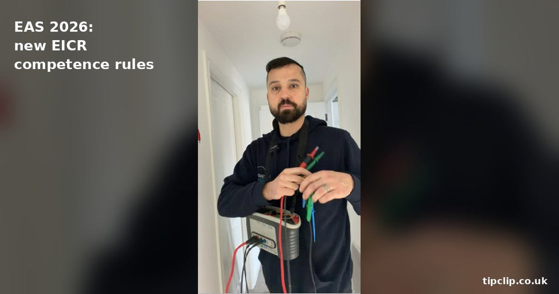 Electrician in a hallway holding red, green and blue test leads, with a multifunction tester on a shoulder strap