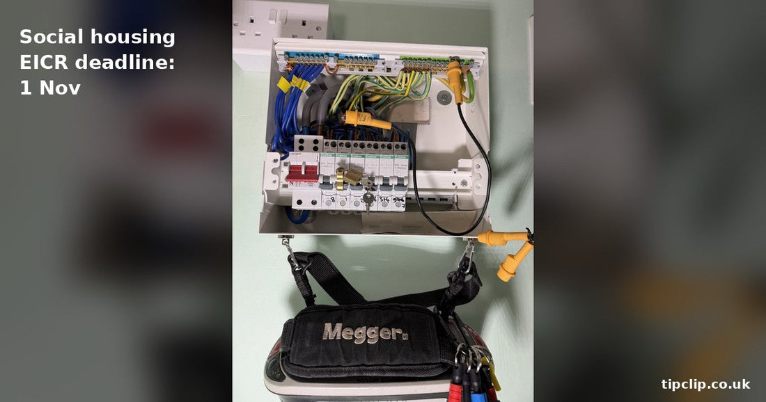 Open Crabtree consumer unit with a locked-off MCB and yellow Tip-Clip-held test probes on the earth bar, Megger tester in its carry case hanging below