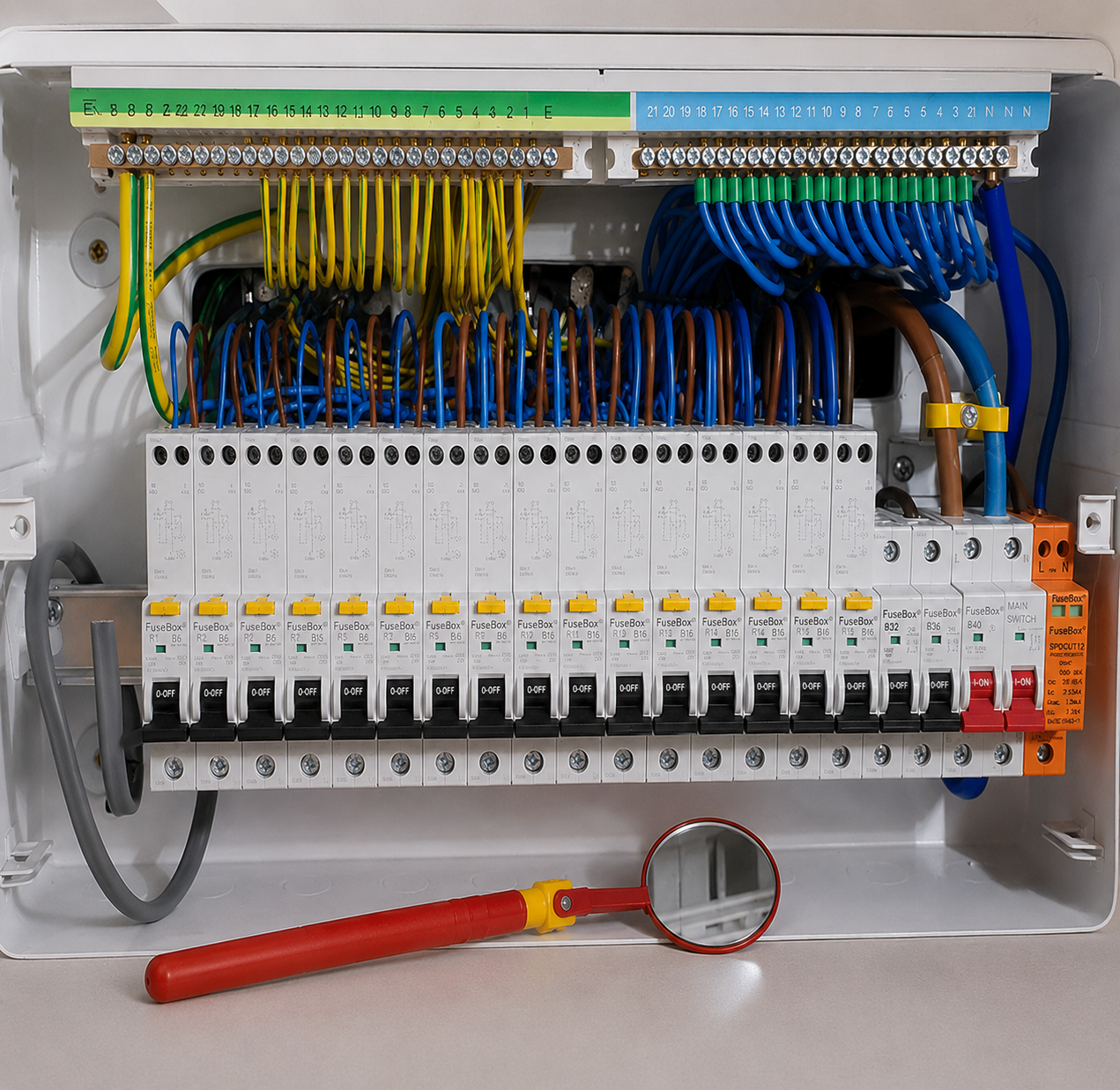 1000V insulated telescopic inspection mirror being used to inspect a consumer unit during electrical inspection and EICR testing