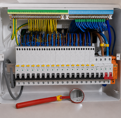 1000V insulated telescopic inspection mirror being used to inspect a consumer unit during electrical inspection and EICR testing