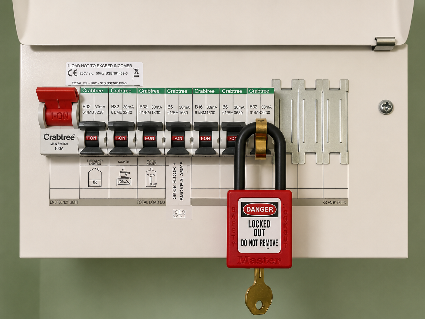 Electrical lock-off kit fitted to a consumer unit for safe isolation during EICR testing and electrical maintenance.