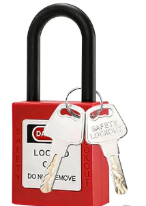 Electrical safety padlock with two keys for safe isolation during EICRs, fault finding and electrical maintenance.