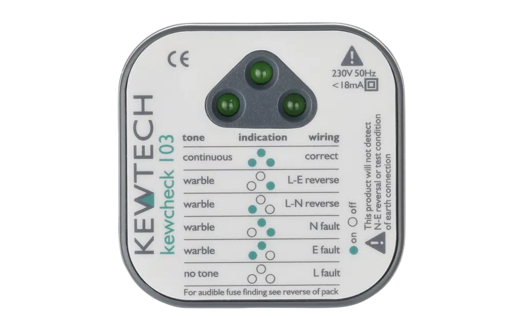 Kewtech Kewcheck 103 socket tester with LED wiring fault indicators and audible tone for BS 1363 sockets