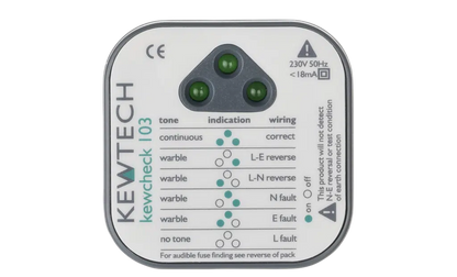 Kewtech Kewcheck 103 socket tester with LED wiring fault indicators and audible tone for BS 1363 sockets
