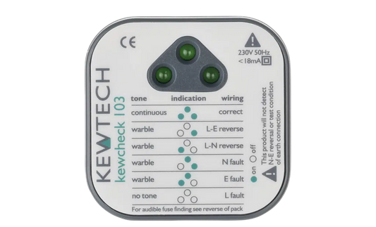 Kewtech Kewcheck 103 socket tester with LED wiring fault indicators and audible tone for BS 1363 sockets