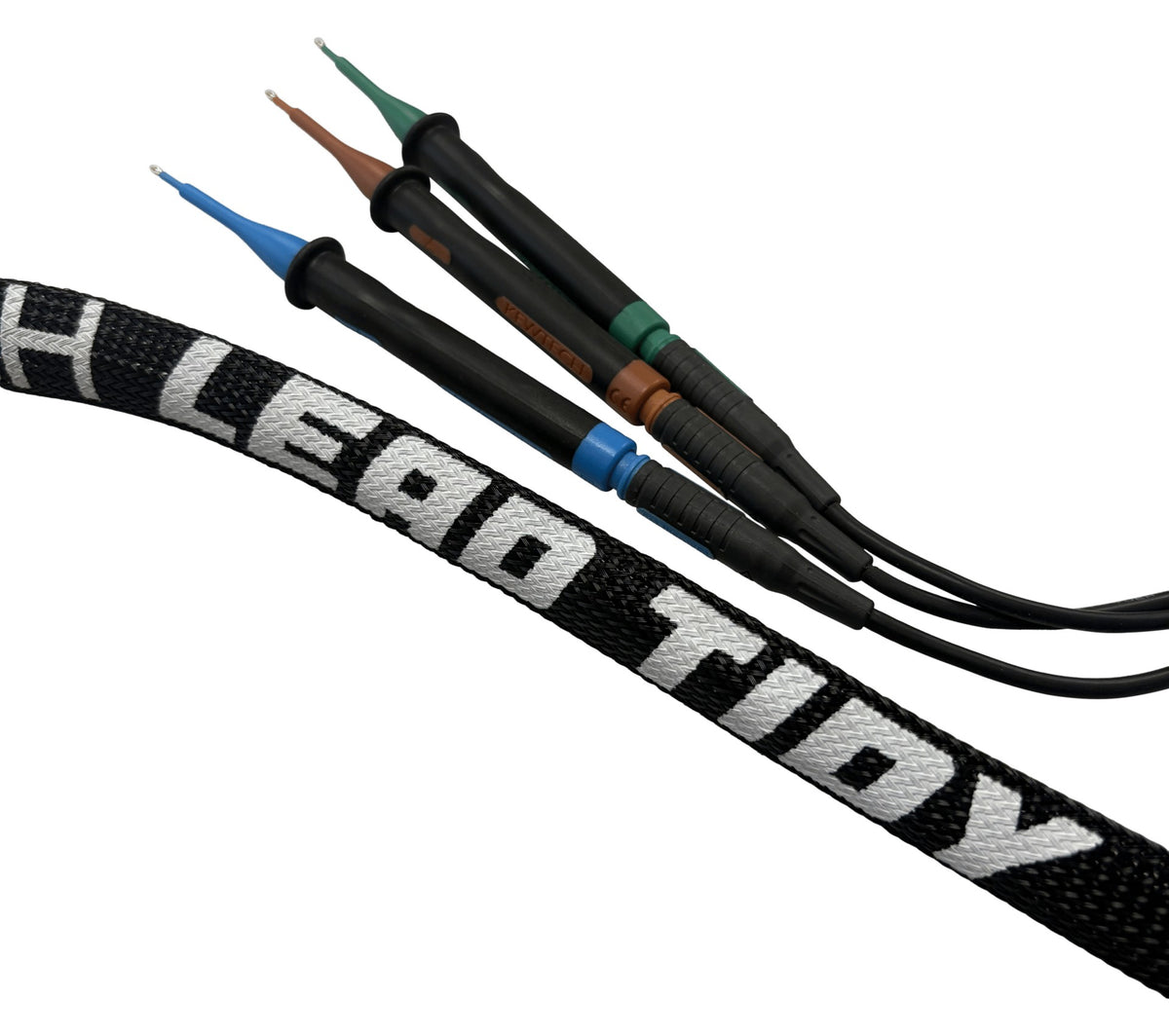 Close-up of Kewtech Lead Tidy flexible sleeve with test probes