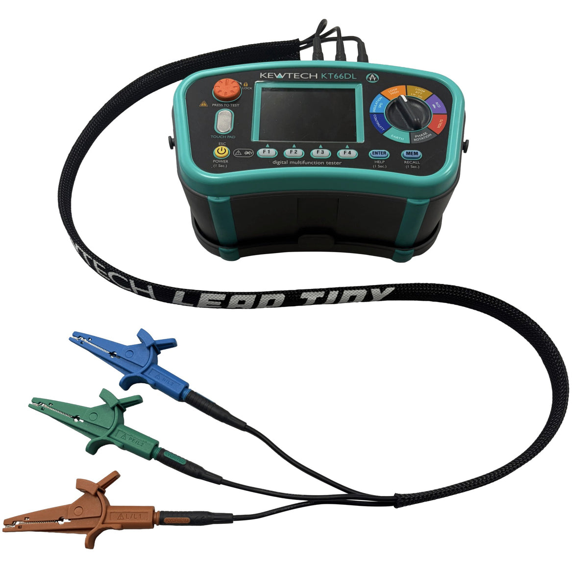 Kewtech Lead Tidy fitted to KT66DL multifunction tester test leads with crocodile clips