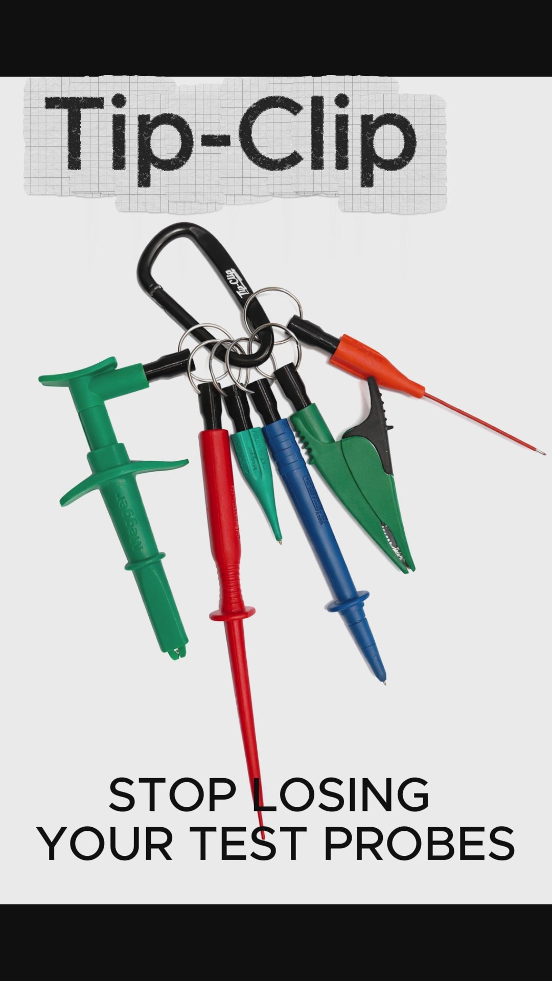 Load video: Tip-Clip test probe holder showing how electricians can organise multimeter and tester leads.