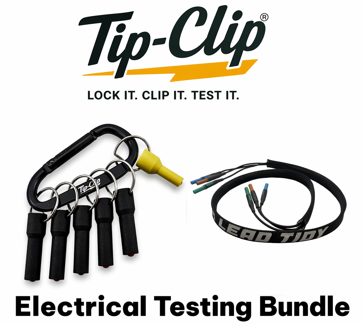 Tip-Clip test probe holder and Kewtech Lead Tidy 1m flexible test lead holder electrical testing bundle