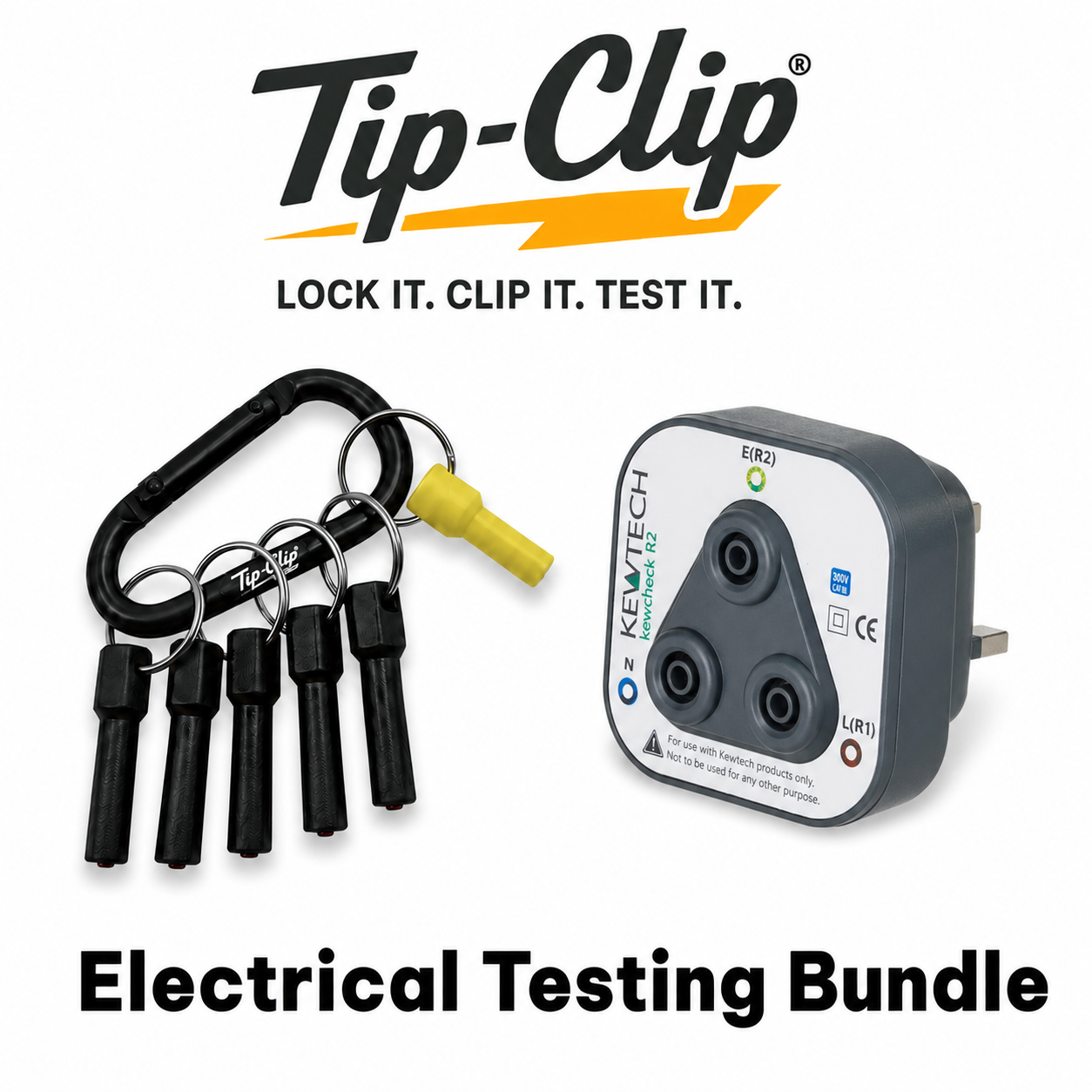 Tip-Clip Electrical Testing Bundle featuring the Tip-Clip test probe holder and Kewtech Kewcheck R2 socket testing adapter